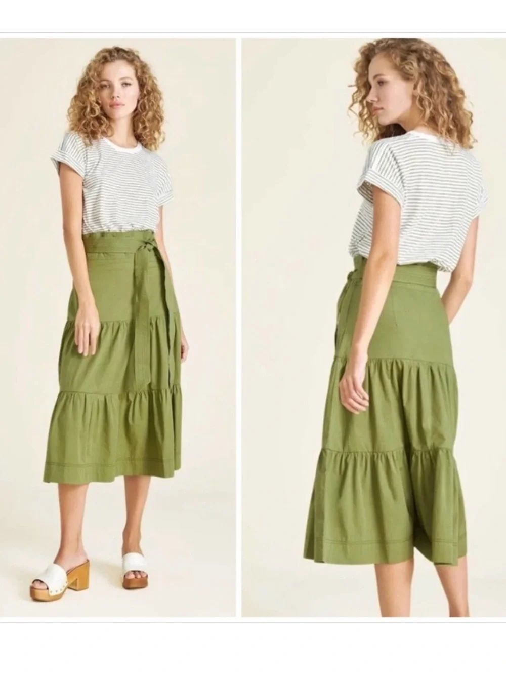Veronica Beard Women's Dress MED Trail Mixed Media Green Striped Tiered Boho